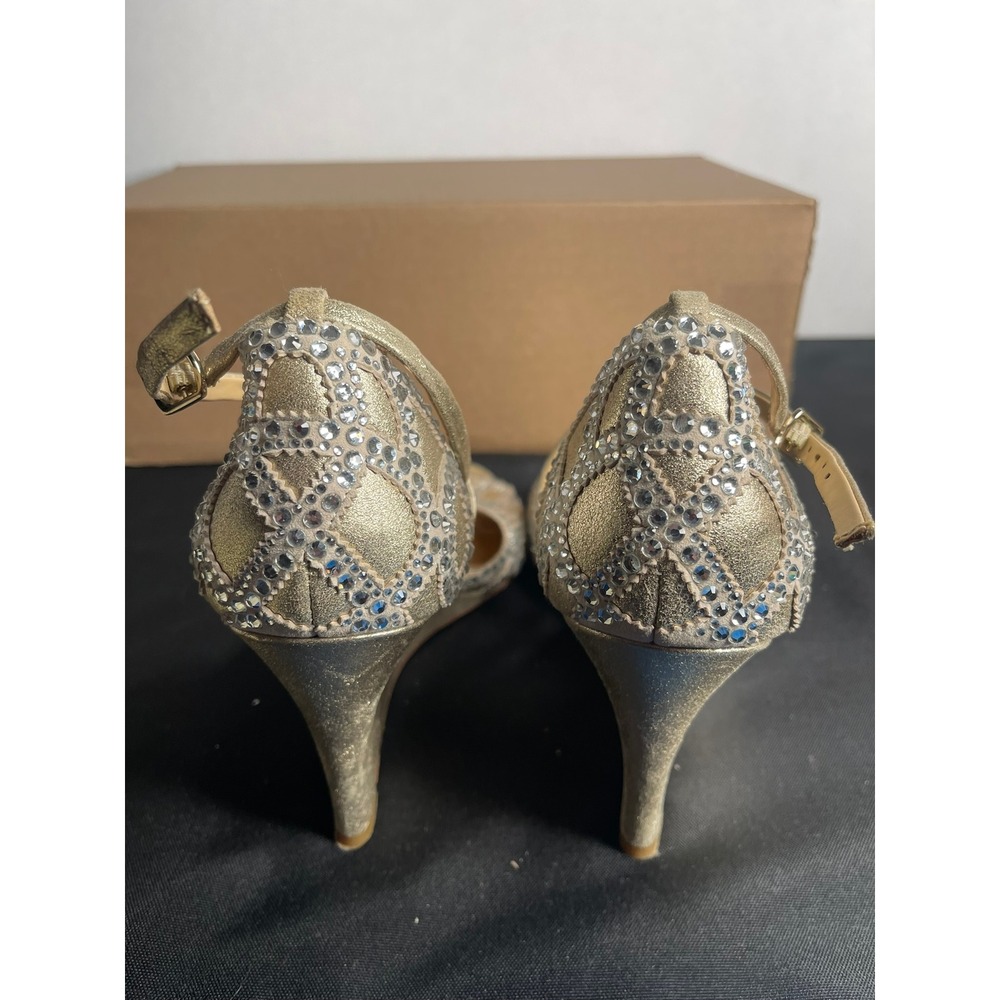 Badgley Mischka Gold Leather Crystal Embellished Wedge Sandals Womens 8 Formal - Picture 2 of 9